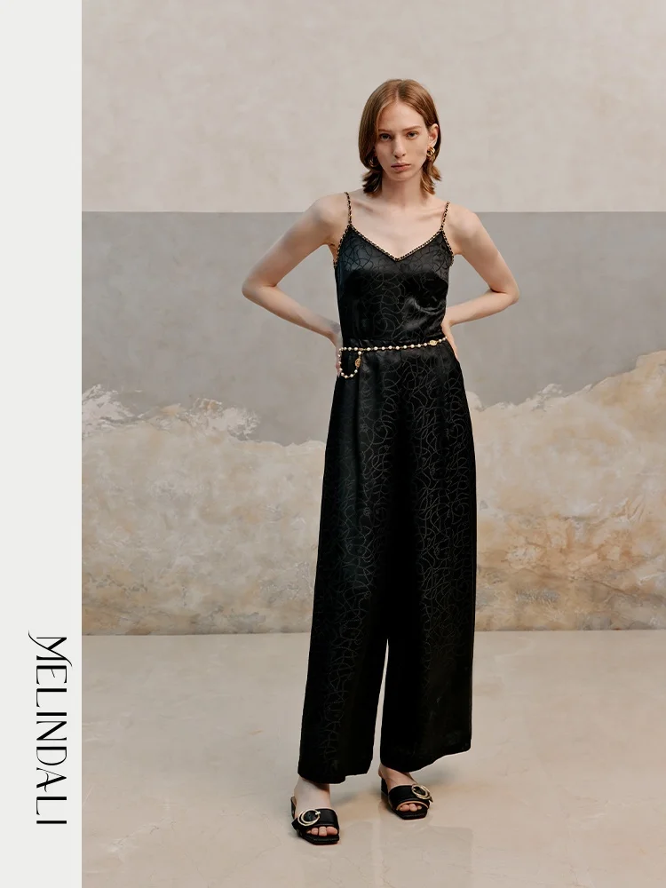 

Шелковый комбинезон MelindaLi оригинального дизайна с широкими штанинами, регулируемыми бретелями-цепочками и модным китайским узором