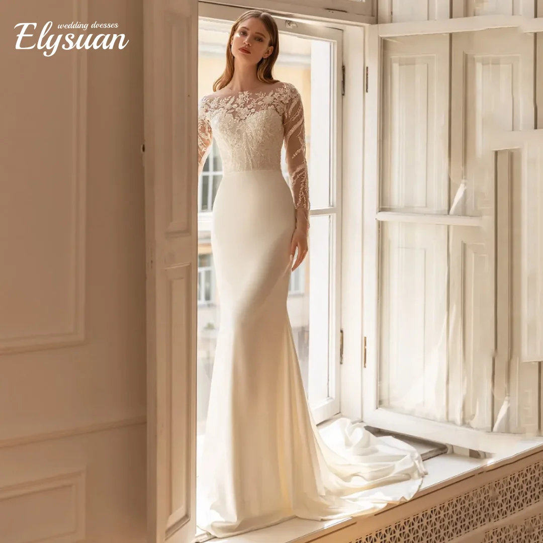 

Customized Ivory Mermaid Wedding Dresses Round Neck Long Sleeves Beading Applique Sweep Train Illusion Bridal Gown Bride Dresses