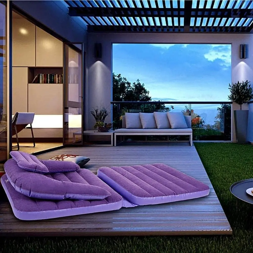 PVC Inflatable Folding Portable Sofa Chair Multi-functional Lazy Flocking Single Size Air Bed Mattress RV Purple Color