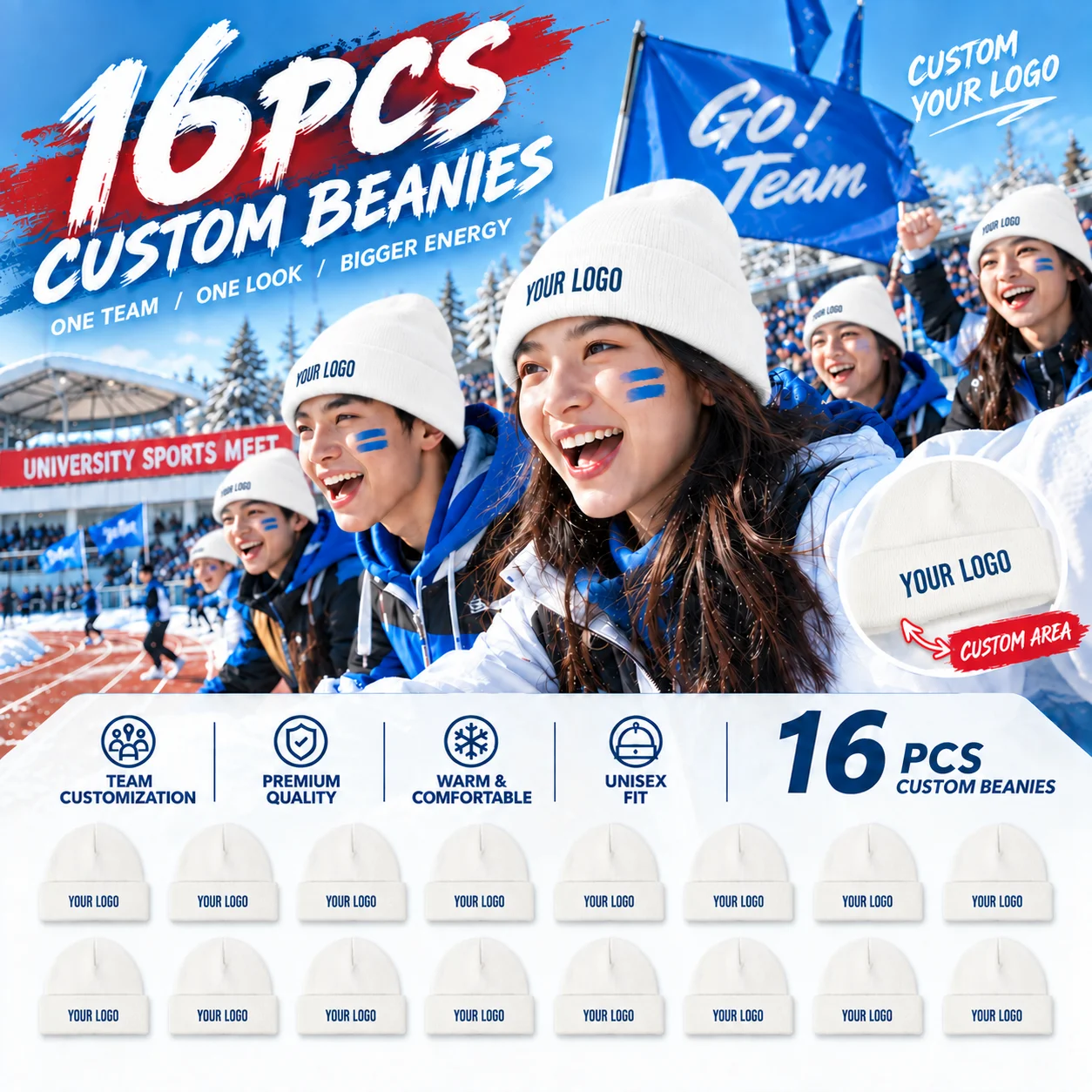 16 custom knit hats, you can print your logo, text, or design on them, available in various colors, perfect for teams, clubs, co