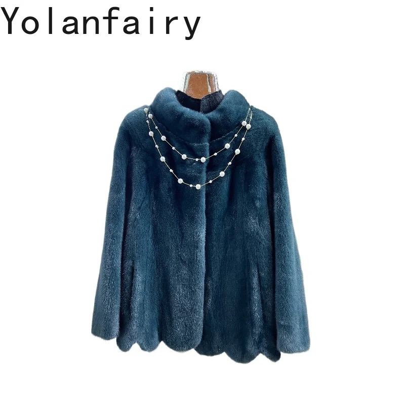 YOLANFAIRY معطف فرو المنك الطبيعي الكامل ملابس امرأة فاخرة 25 شتاء قصير سترة من الفرو الحقيقي معاطف فرو المنك الوقوف طوق Casaco