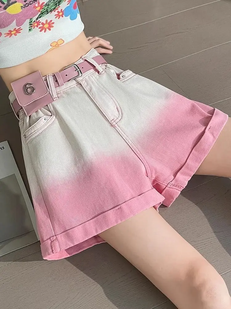 Denim Shorts Gradient Pink High Waist Women Summer 2024 Fashion A Line Short Jeans Pink Shorts Jeans Feminino
