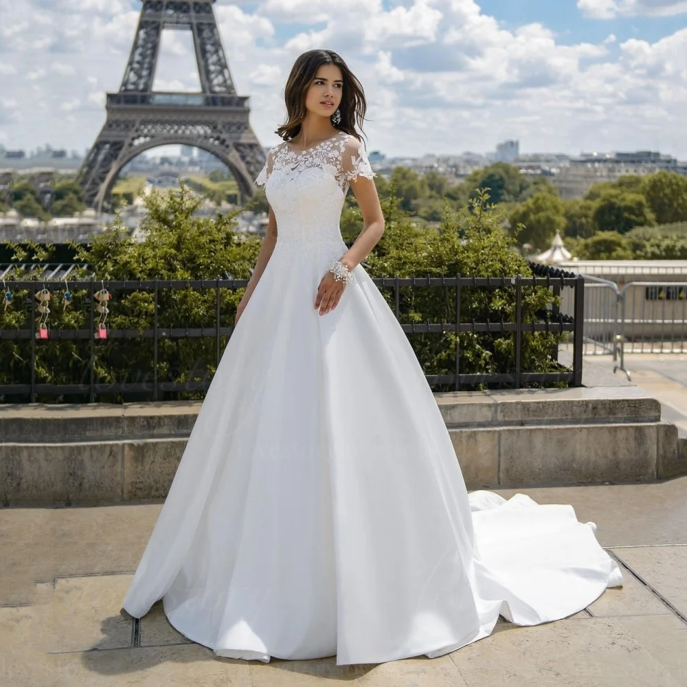 

Customized Wedding Dresses Short Sleeve Bridal Dress Elegant Applique A Line Ball Gowns Lace Button Vestido De Novia
