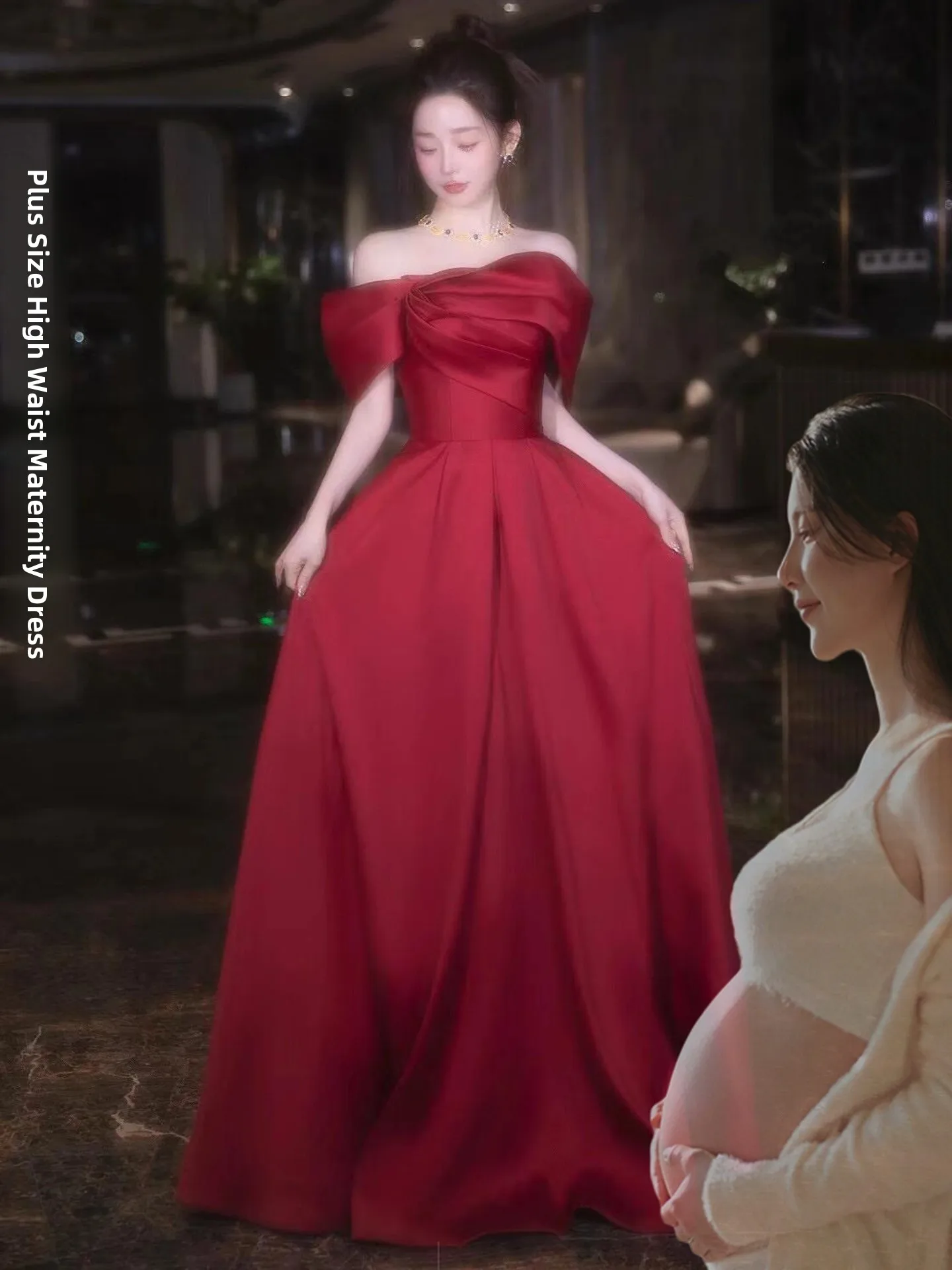 

Платье для беременных больших размеров, красное, на одно плечо, облегающее, для помолвки, ужина, свадьбы, с высокой талией, длинная юбка