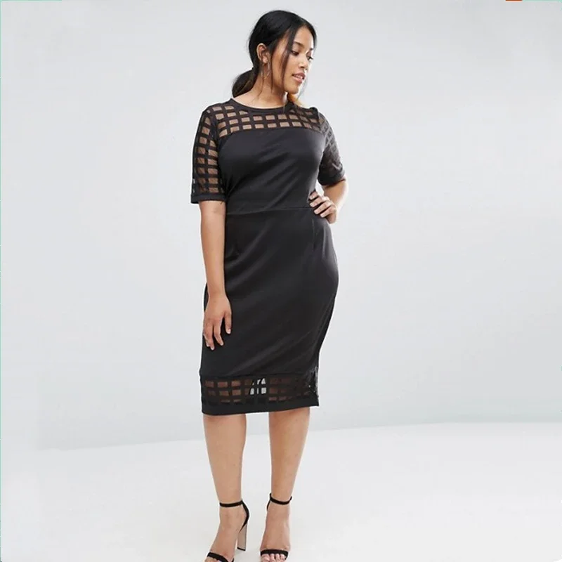 Plus Size Half Plaid Sleeve Patchwork Elegant Midi Dress Women Solid Black Summer Spring Causal Straight Office Lady Dress 6XL