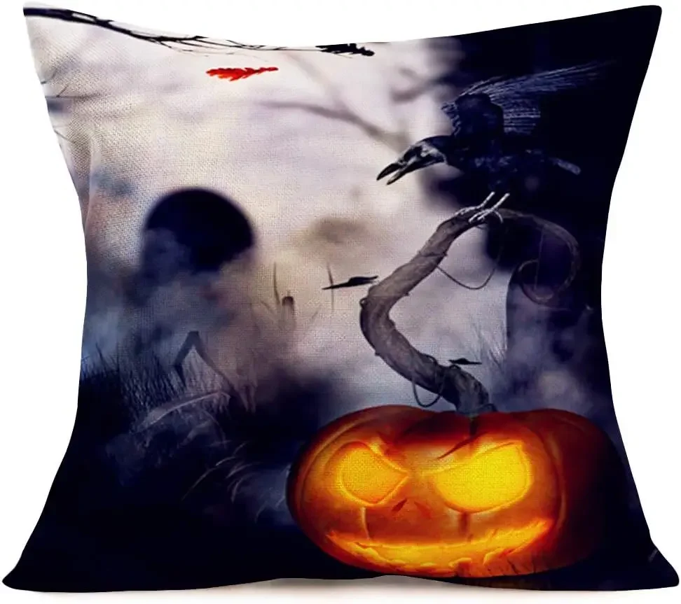 Halloween Carnival Throw Pillow Cushion Cover Pumpkin Forest Crow Pattern Linen Square Pillowcase Decorative Home Sofa