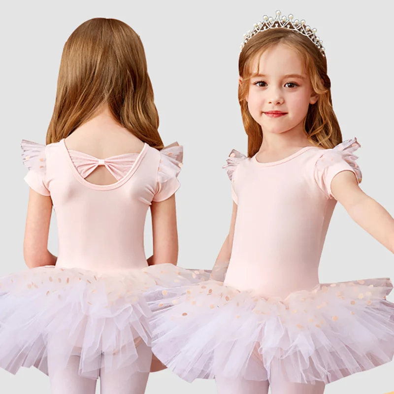 Pink Ballet Dress Gymnastics Leotards for Girls Kids Short Sleeve Ballet Dancewear Chiffon Skirts Kids Bowknot Dance Leotards