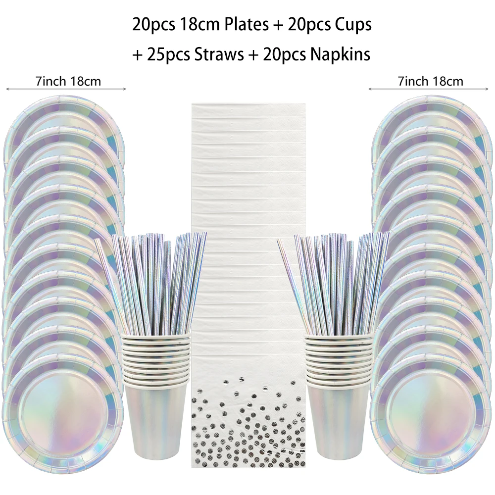 مجموعة أدوات المائدة الفضية للاستعمال مرة واحدة، أطباق فضية اللون، أكواب من القش، مفارش المائدة للبالغين، زينة حفلات أعياد الميلاد، مستلزمات الزفاف #2