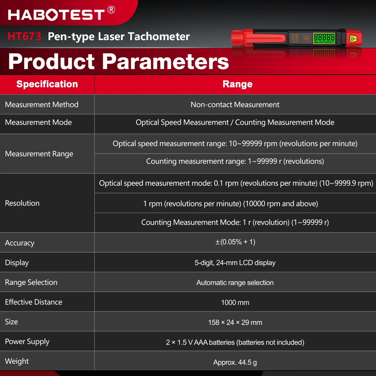 HT673 Stiftförmiger Laser-Tachometer Berührungsloser Drehzahlmesser 10-99999 U/min Dualer RPM- und Zählermodus 0,1 U/min Auflösung Digitaler Geschwindigkeitsmesser – Detail 3