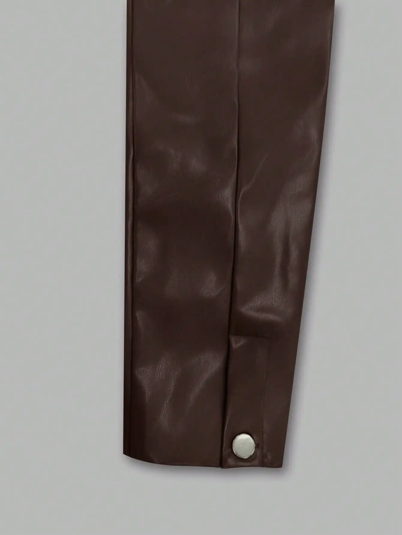 Chocolate Brown Faux Leather Zip-Up Jacket Women's Lapel Loose Short Bomber Coat - view 5