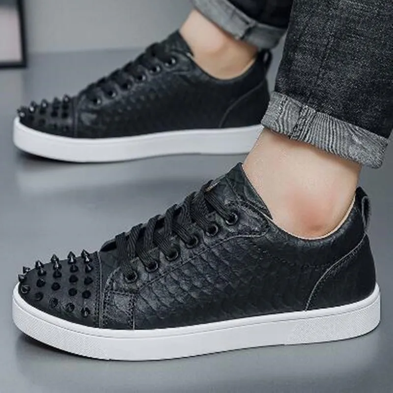 Fashion Men Casual Leather Shoes Comfortable Soft Punk Style New Board Shoes Nail Anti Slip Wear Resistant Personalized Sneakers