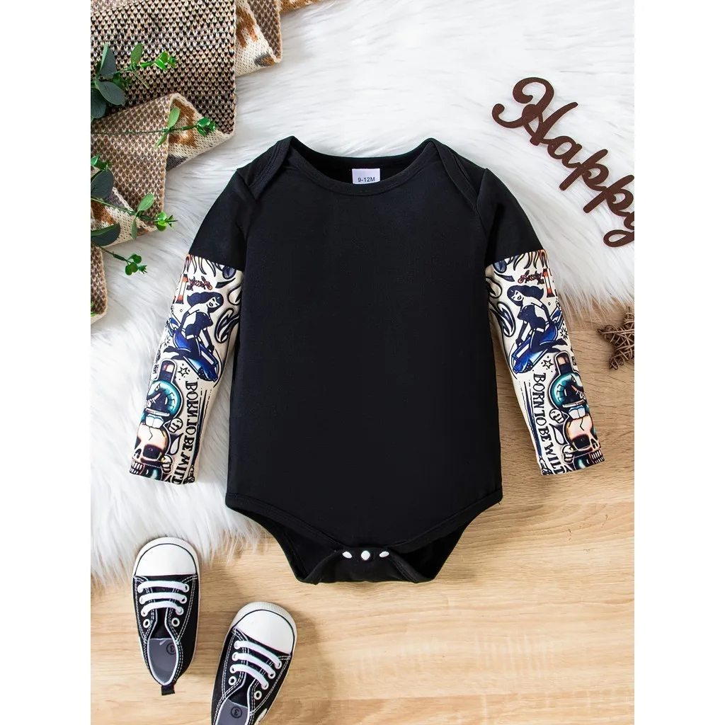 0-18 Months Newborn Baby Boy Bodysuit Graffiti Long Sleeved Triangular Jumpsuit Spring&Autumn Daily Casual Clothing for Toddler