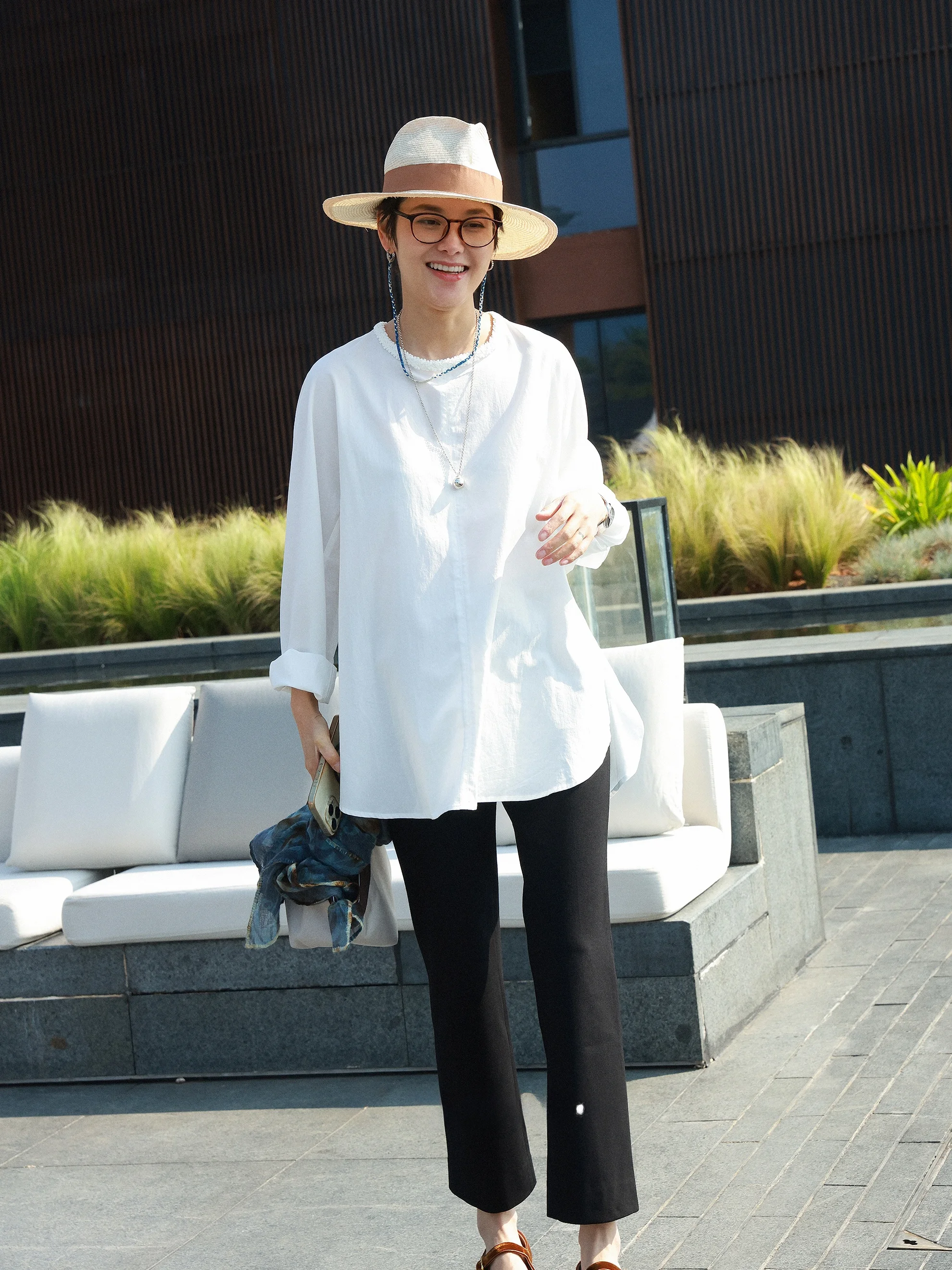 

MsDidion round Ne irt Women's Sunscreen Cotton Lyocell Blended irt Lazy Feel Top French Sle Thi Long Sve irt