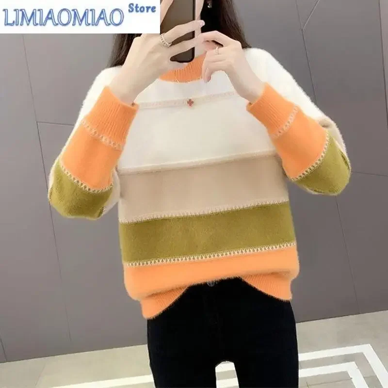 New Autumn/Winter Fashion Korean Edition Colored Mink Fleece Half High Neck Loose Versatile Western Women's Knitted Sweater