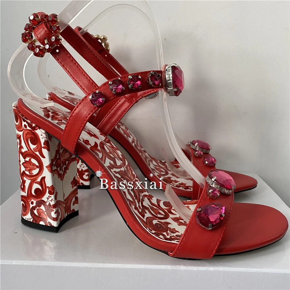 Luxury Diamond Crystal Ankle Strap Sandals Women Individual Print Flower Chunky Heel Genuine Leather Summer Shoes