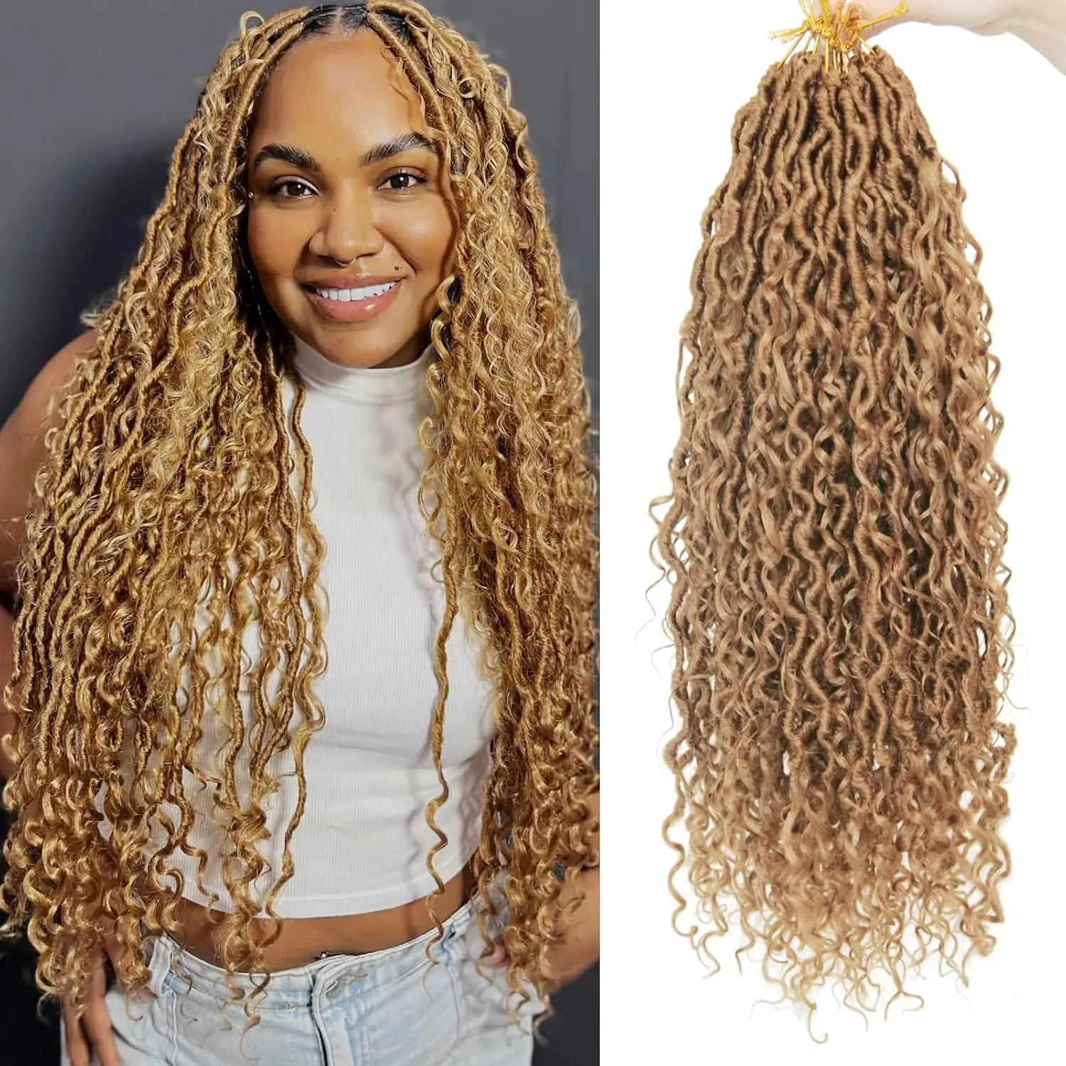 

#27 Honey Blonde Faux Goddess Locs Crochet Hair 18Inch Boho Curly Ends River Bohemian Loc Crochet Hair Black Women(8 packs)