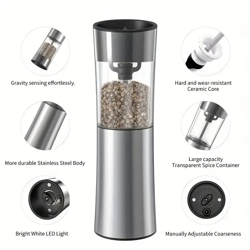 Stainless Steel Electric Salt and Pepper Grinder Set Type-C Li-ion Base Charging Gravity Sensor 100ml Capacity for Kitchen Use