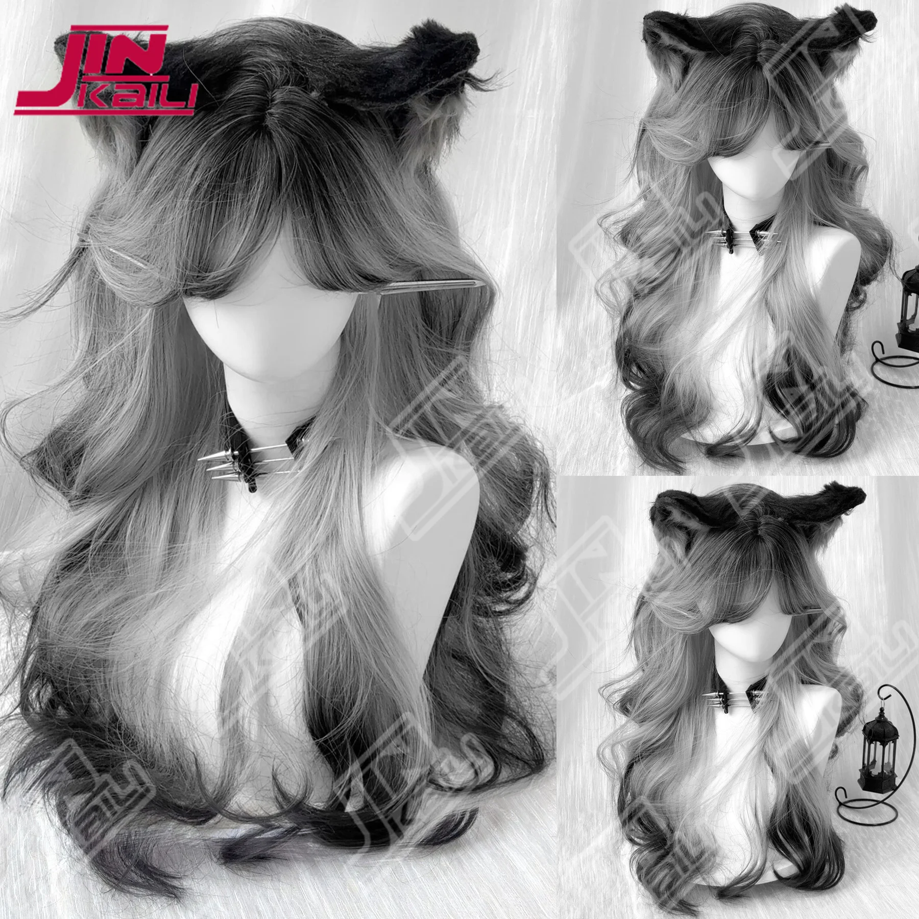 JKL Long Black And White Curly Waves Synthetic Hair Wig Soft Comfortable Rose Net for Everyday Parties Holidays