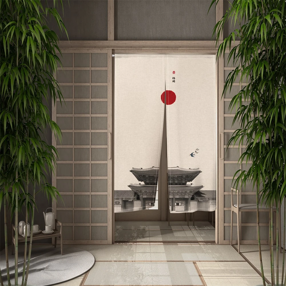 Ocean Waves Japanese Door Curtain Cherry Blossoms Doorway Curtains River Linen Drape Noren Restaurant Decor Hanging Half Curtain