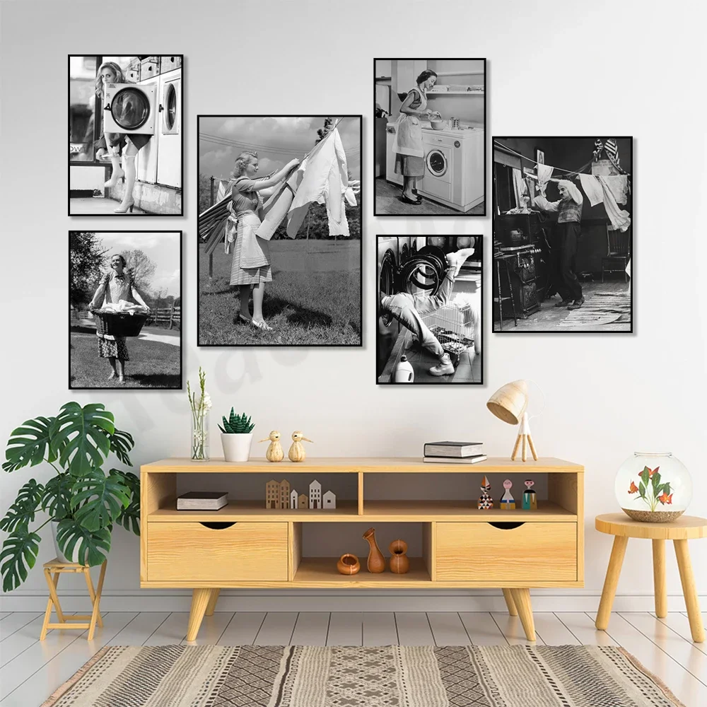 Laundry day black and white poster, laundry clothesline, Charlie Chaplin laundry day print, humor, laundry room decoration