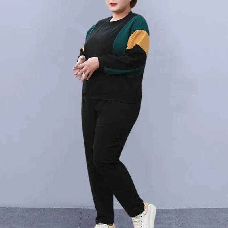 Autumn Winter Patchwork Plus Size Two Piece Casual Suit Long Sleeve Loose Fashion Oversized Sets Elegant Korean Female Clothes