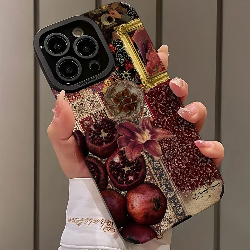 Retro collage pomegranate pattern phone case suitable for iPhone 17 16 15 14 13 12 11 Pro/Max/Plus anti drop and shockproof