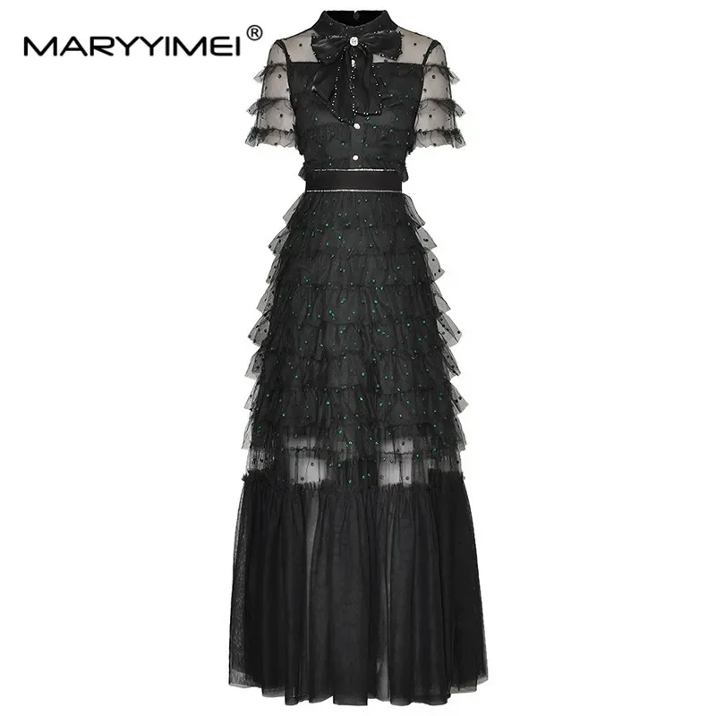 

MARYYIMEI Summer Fashion Women's dress Beading Bow See through Short sleeved Mesh Ruffles Dots Elegant Cake Dresses