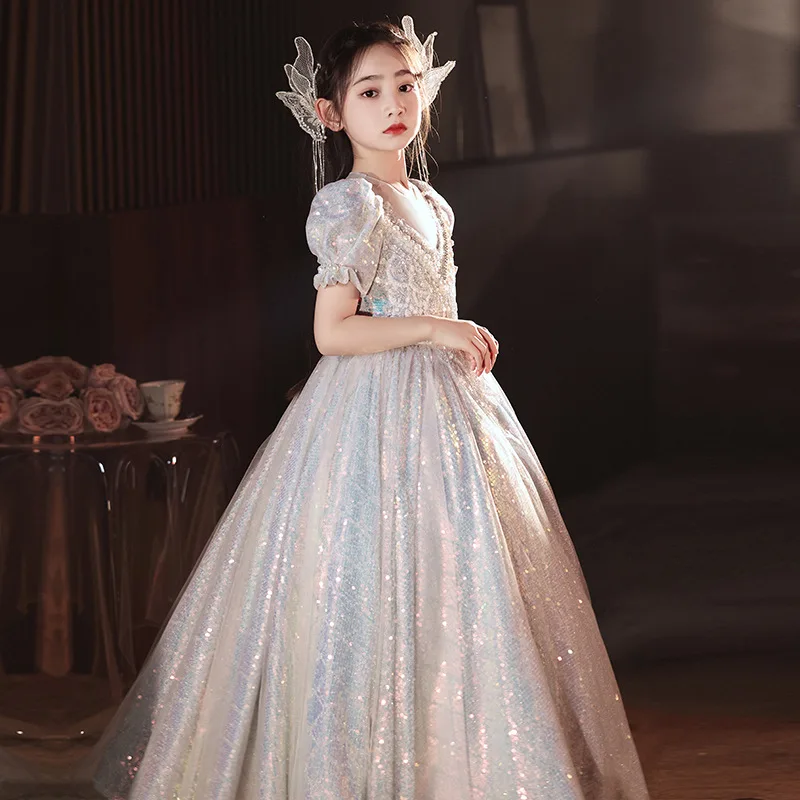 Gorgeous Flower Girl Dress Princess Girl Sequins Short sleeve Children\'s Long Wedding Party Dress Fluffy Mesh Wedding Dress