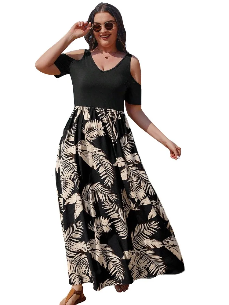 Plus Size Sommer V-Ausschnitt Kleid Frauen Blumen druck Patchwork Mode Rüschen plissiert lose Damen kleider Kurzarm Frau Kleid