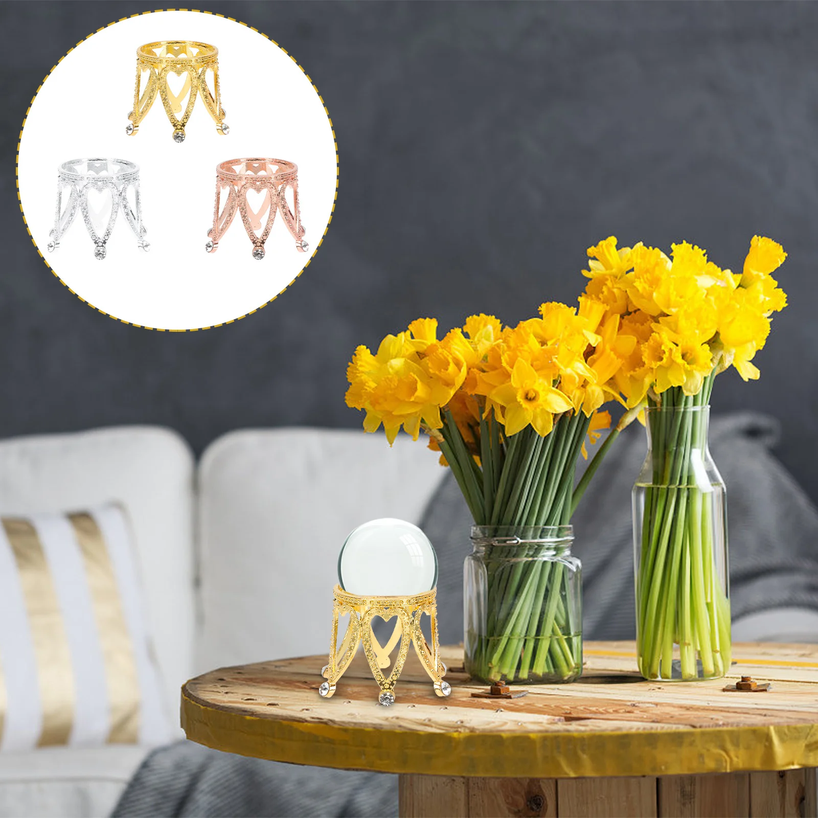 

3Pcs Zinc Alloy Crystal Balls Base Delicate Crown Pedestal for Home Office Living Room Bedroom Decoration Desktop Crystal Holder
