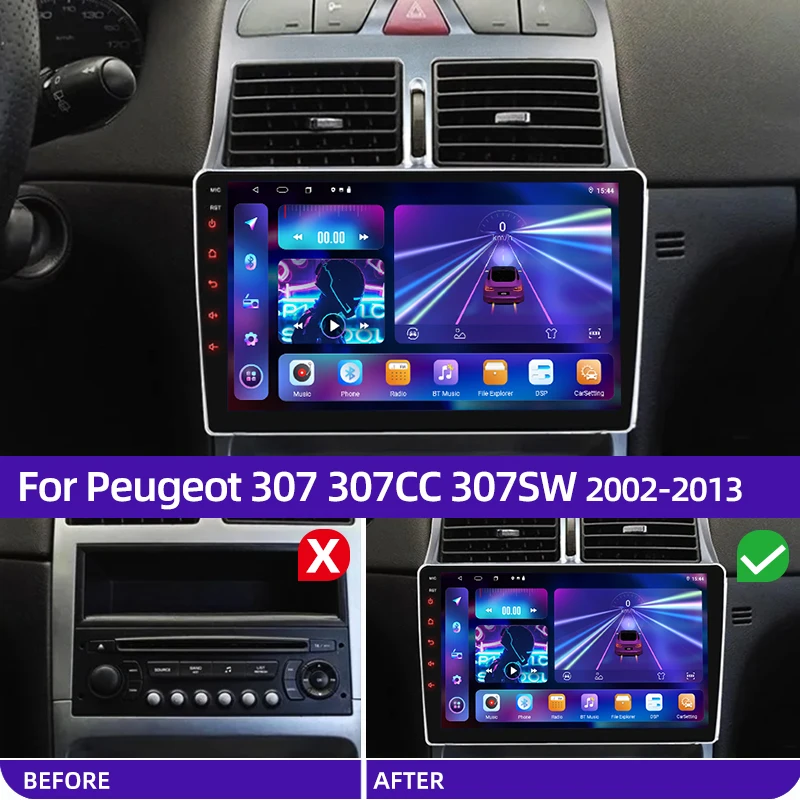 2DIN Carplay auto 4G NET+WiFi DSP Car Radio Multimedia For Peugeot 307 SW 307CC 307SW 2002 - 2013 Video Player Android 12 8Core