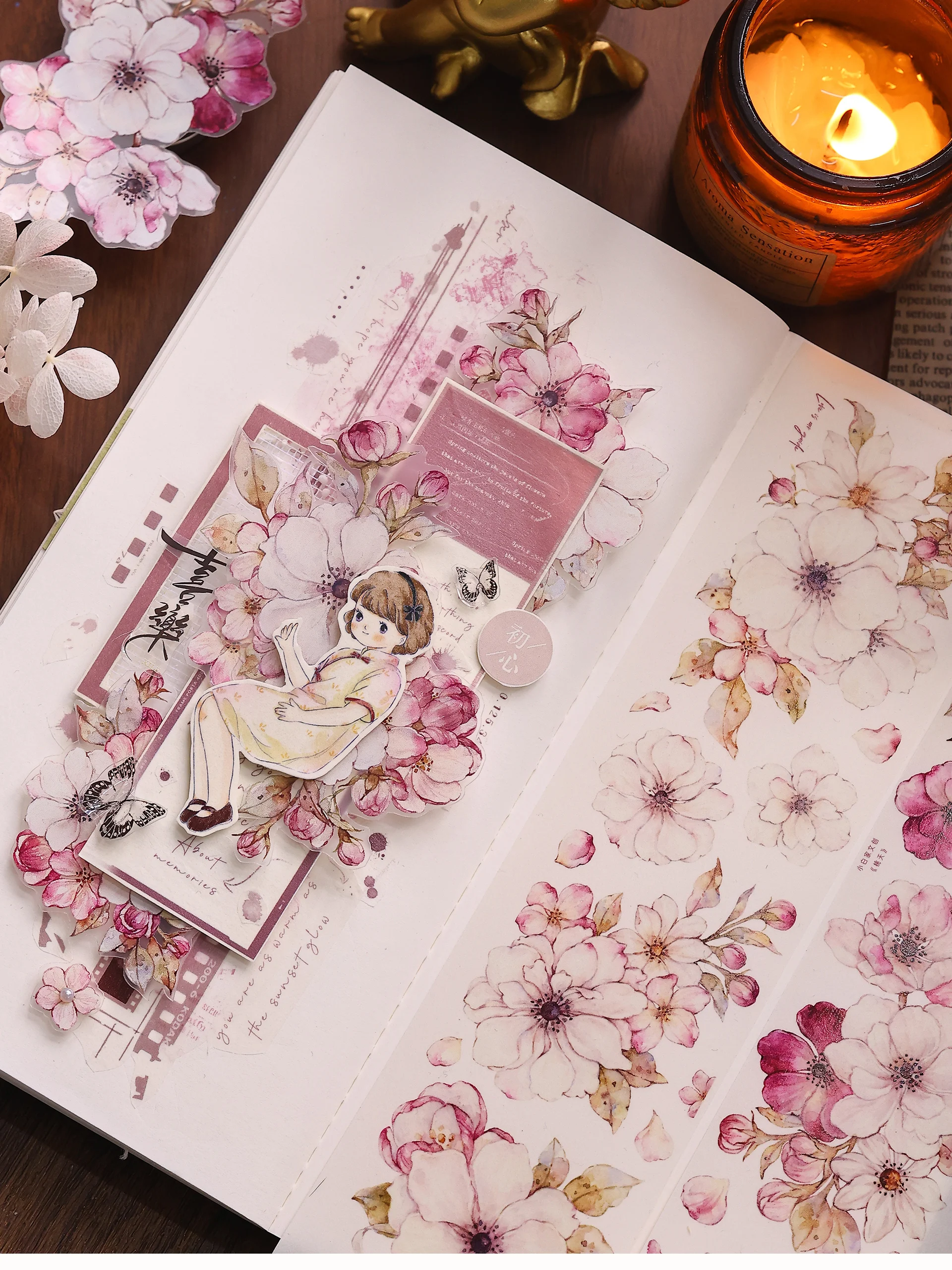 Taoyao Light Retro Pink and White Big Flower Washi PET Journal Sticker Goo Card Tape