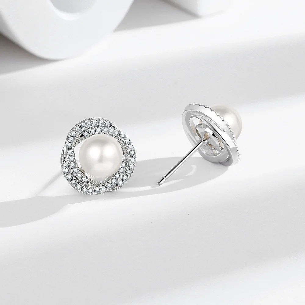 925 Sterling Silver Pearl Stud Earrings for Women, Elegant CZ Halo Twisted Round Earrings, Fine Jewelry Wedding Party Gifts