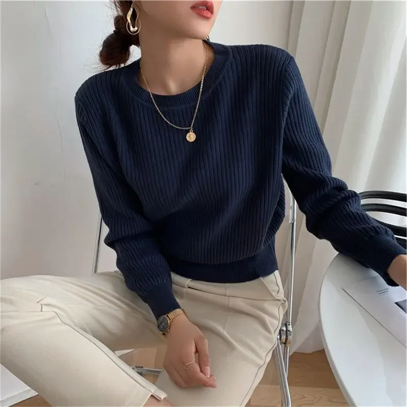 

Classic Solid Color Loose Knit Women's Long Sleeved Top Autumn and Winter New Casual All-match Lady Bottoming Shirt JJ448