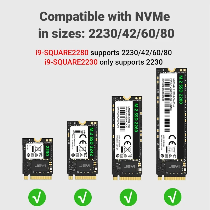 JEYI i9-square M.2 NVME 2280 2230 SSD Enclosure, USB 3.2 10Gbps to  NVME M-Key(B&M Key) External Solid State Drive Case