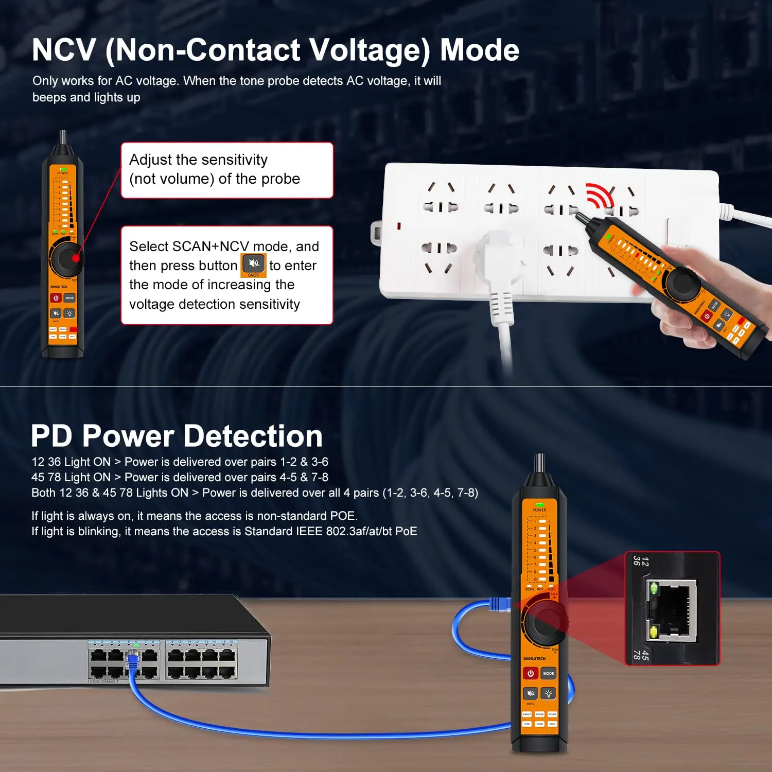 3" Screen Rechargeable Network Cable Tester with OPM & VFL Digital Tone Generator & Probe Kit PoE Detector RJ45 Ethernet Cable