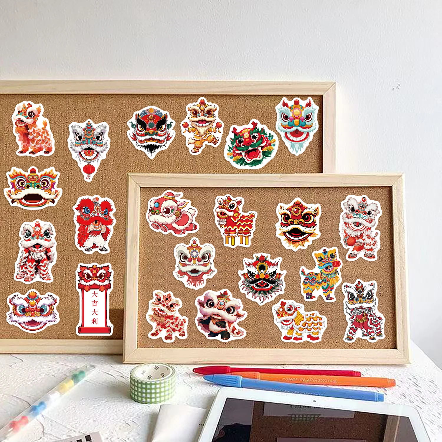 50pcs Lion Dance Chinese Style Cartoon PVC Sticker Creative Lion Wake New Year Greeting Mobile Phone Shell Decorative Sticker