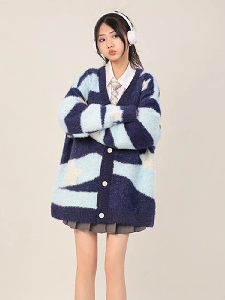 Korobov Stripe Contrasting Colors Cardigan Y2k Harajuku Style V Neck Oversized Sweater Single Breasted Korean Fashion Knitwears