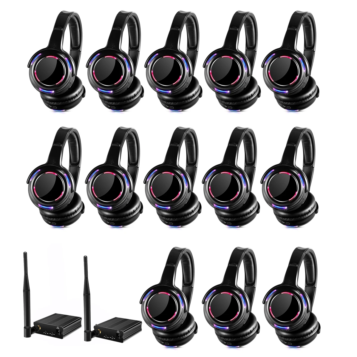 Competitive Price with Best Quality Silent Disco Equipment LED Rechargeable Wireless Headphones 13pcs with 2 Transmitters