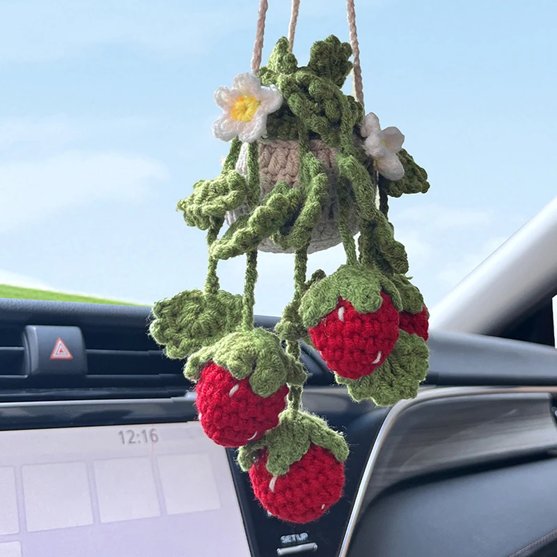 

New Car Strawberry Hanging Crochet Basket Interior Decoration Car Ornament Rear View Mirror Hanging Accessories High Quality