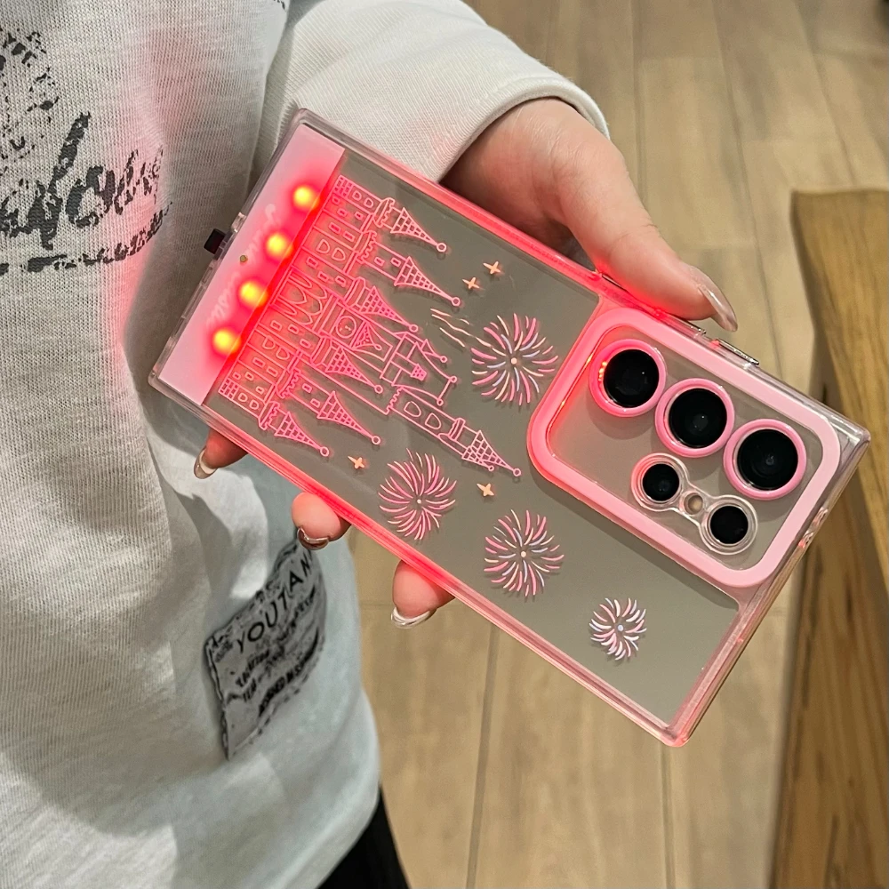 

Change Color Luminous Call Light Up Flash Castle Love Heart Phone Case for Samsung S 24 25 26 Ultra Plus A 35 36 55 56 Cover
