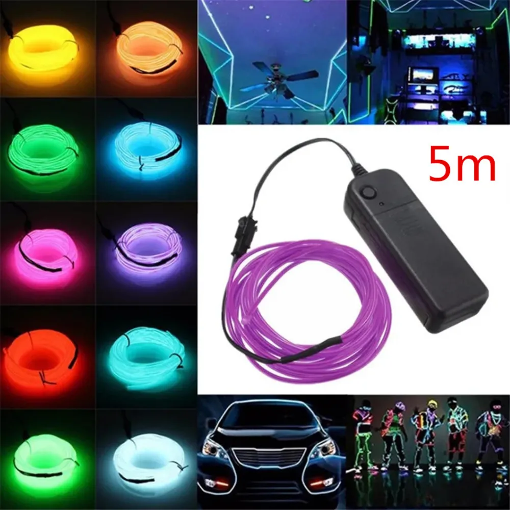 5m LED EL Wire Light Strip Battery USB Auto Neon Glowing String Lights DIY Rope Tube Halloween Christmas Car Dance Party Decor