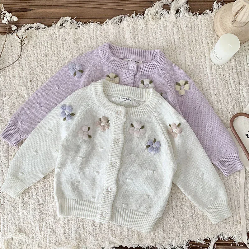 2024 New Autumn Baby Girls Knitting Cardigan Coat Long Sleeved Floral Embroidery Casual Loose Sweater Coat Kids Knitted Cardigan