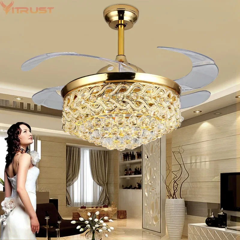 Crystal ceiling fans lamps invisible Pendant fan lights Modern Home bedroom living Dining room Restaurant Cafe 110V 220V 42inch