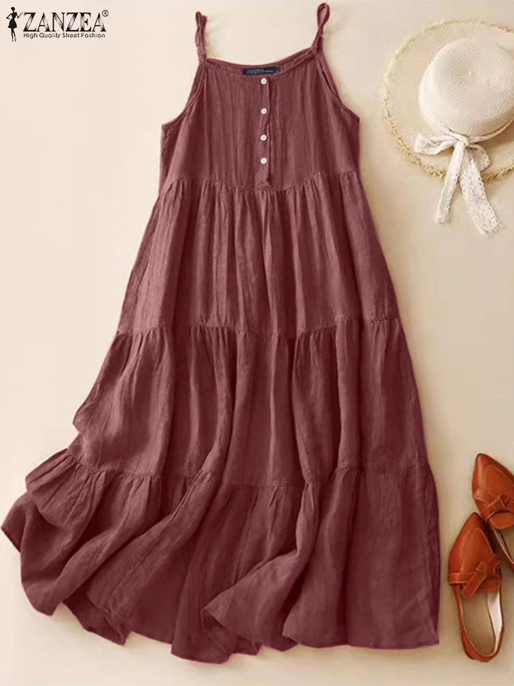 Zanzea solto cor sólida a linha maxi vestidos casuais feminino férias verão 2024 longo vestido de verão em camadas alças espaguete deslizamento vestido
