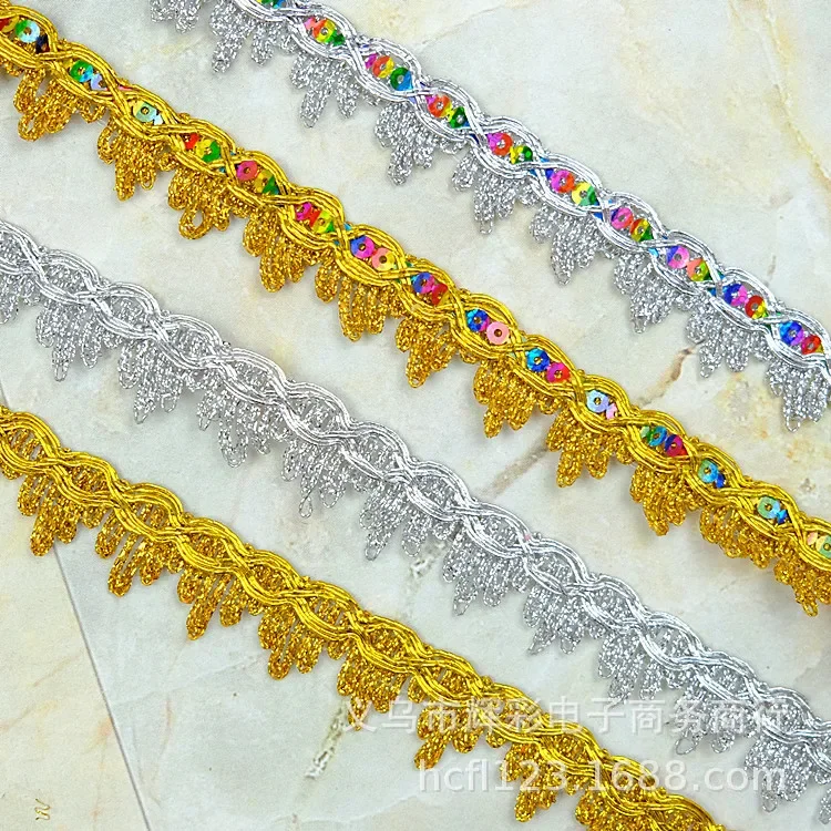 13 Meters Sequined Woven Straps Lace Gold and Silver Mountain Lace Dance Clothing Accessories Beaded Decorative Edge 2.3cm Wide