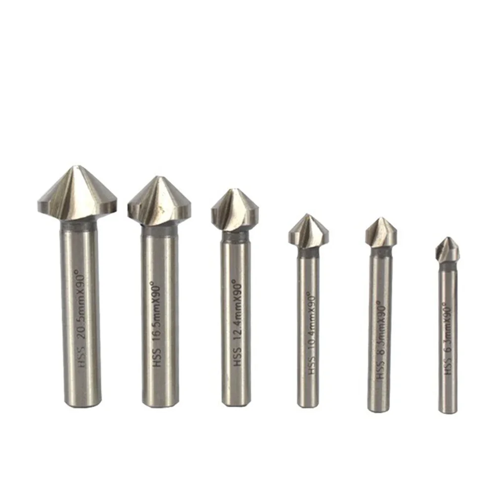 6pcs 6.3-20.5mm 3 Flute Bevel Drill Set 90 Degree Hss  Cutter  Countersink Bit