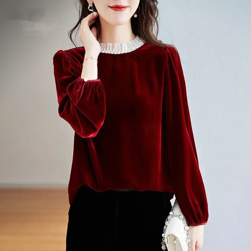 

Spring Autumn Red Gold Velvet Top Women's Fashion Long Sleeve Solid Color Pullover Loose Ruffled Collar Bottoming Shirt S-4XL