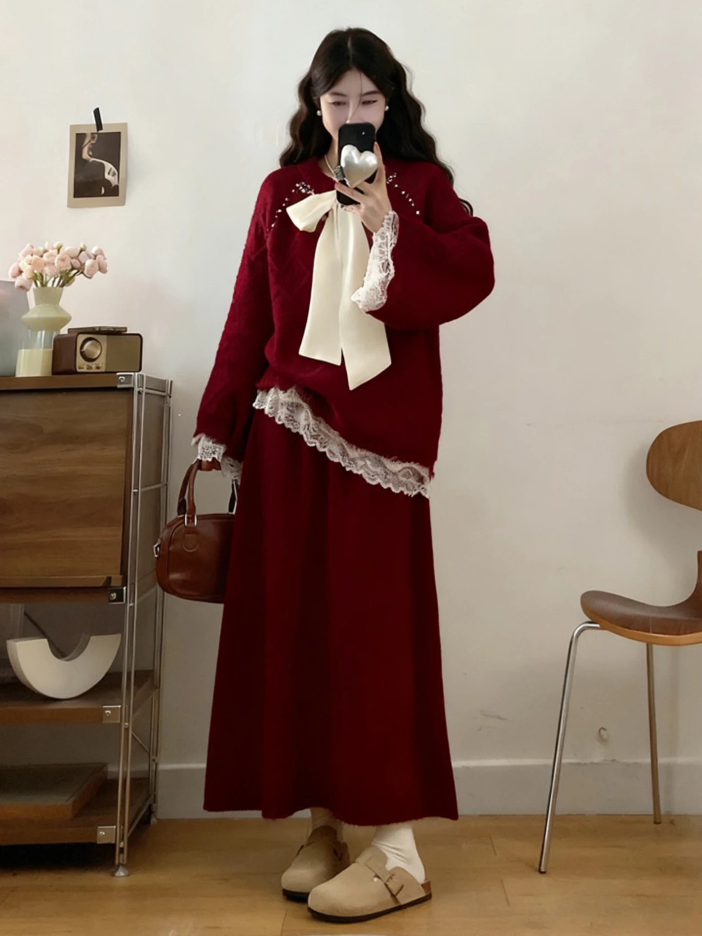 

Red Knot Sweater And Skirt Set plus Size Winter Fashion Ensemble High Waist Warm Casual Outfit for Women