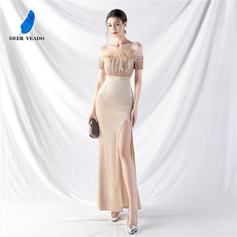 

DEERVEADO Women's Slit Evening Dresses with Feathers Elegant Off the Shoulder Formal Party Maxi Dress Gala Evening Gowns